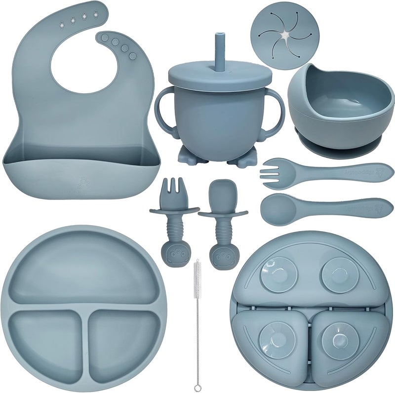 HippoBaby Baby Led Weaning Supplies | 10 Piece Silicone Baby Feeding Set | Baby Toddler Bib Cup Divided Plate and Bowl Self Feeding Spoons Dish Set | Baby Utensils | Toddler Feeding Supplies (Sky) - Image 1